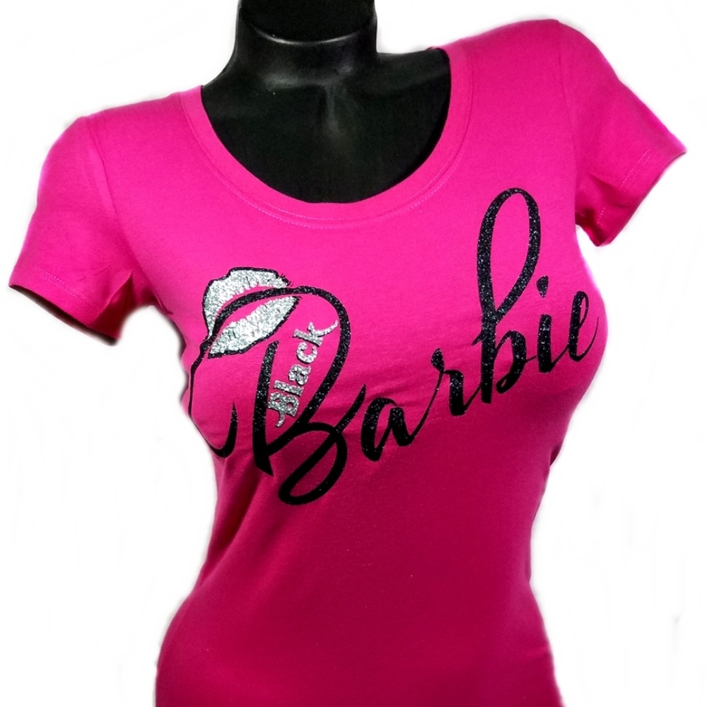 Hot Pink Black Barbie fitted Spandex Tee.